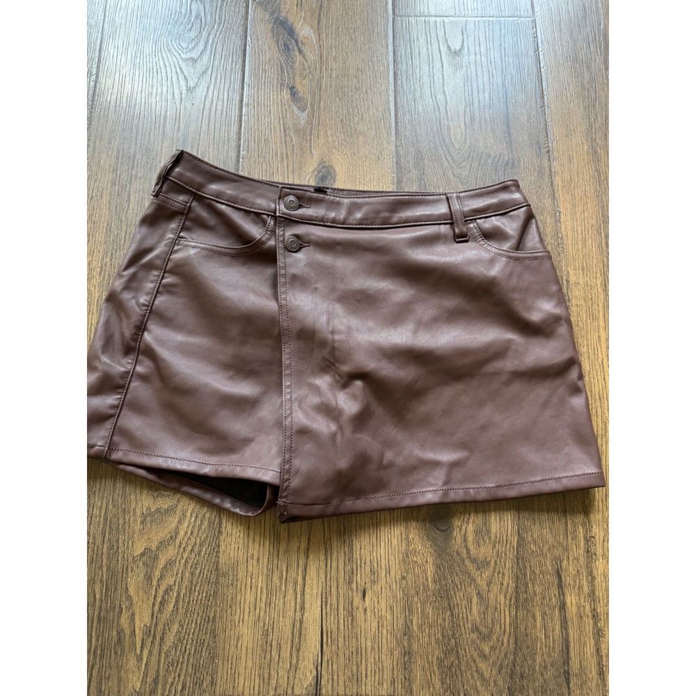 Celebrity Pink Faux Leather Skort Brown Wrap Front Mini Shorts Skirt Size L
